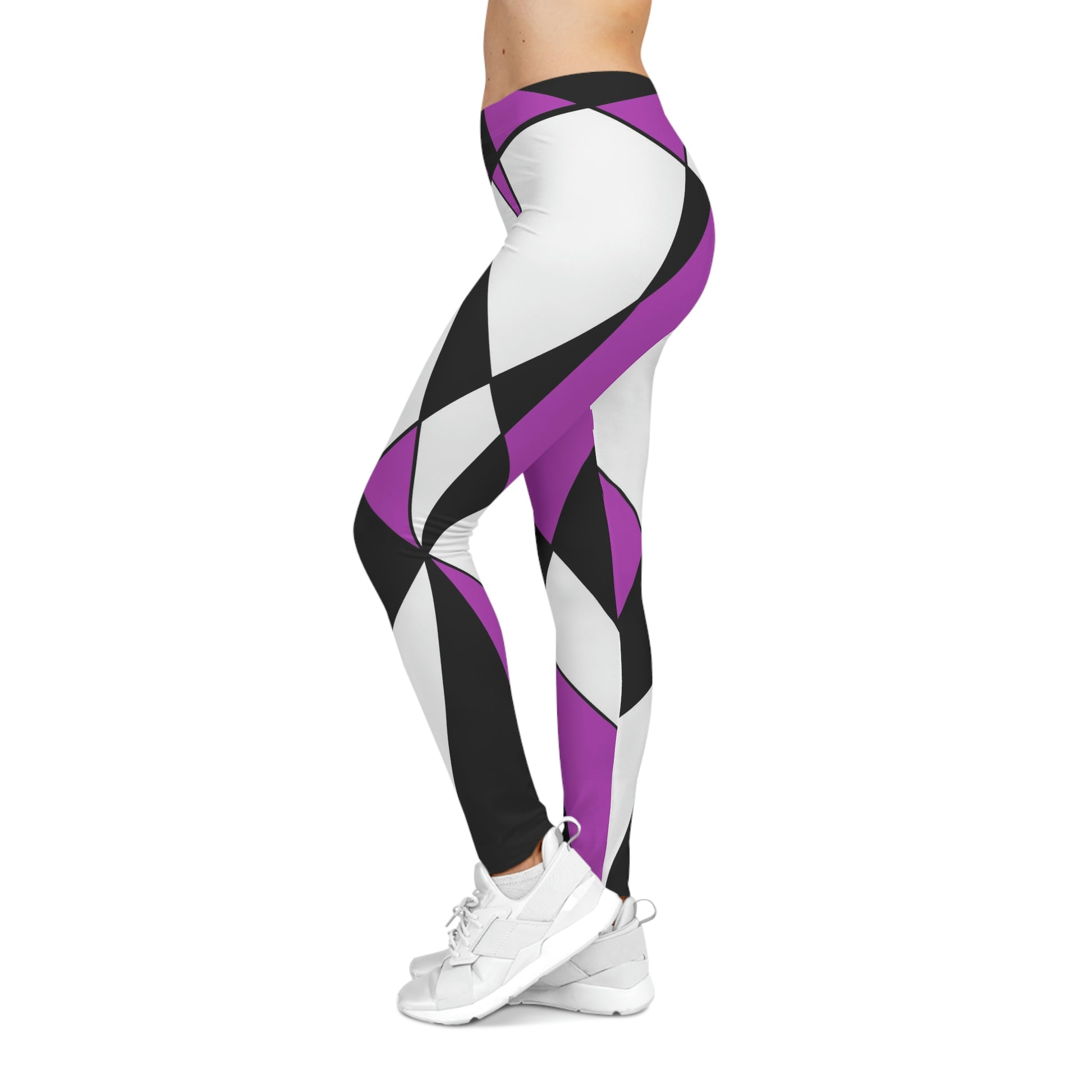 Women’s Casual Leggings featuring bold purple, black, and white geometric 60s pattern, artistic retro design, stretchy breathable fabric, ideal for yoga, streetwear, or daily wear.