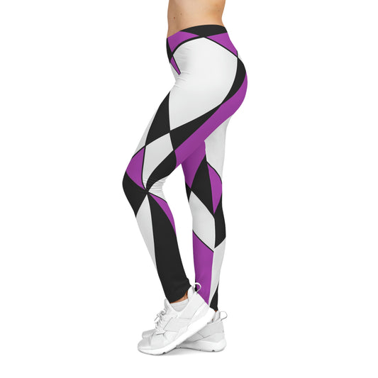 Women’s Casual Leggings featuring bold purple, black, and white geometric 60s pattern, artistic retro design, stretchy breathable fabric, ideal for yoga, streetwear, or daily wear.