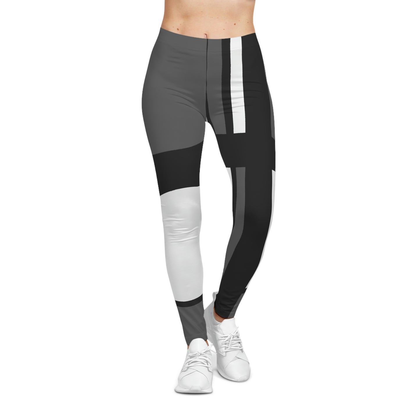 Women’s Casual Leggings featuring refined gray, black and white geometric design inspired by 60s abstract art, stretchy breathable fabric ideal for yoga or streetwear.