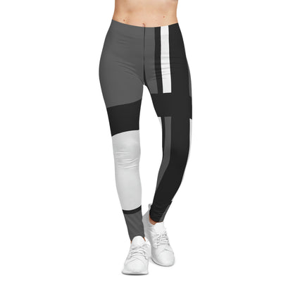 Women’s Casual Leggings featuring refined gray, black and white geometric design inspired by 60s abstract art, stretchy breathable fabric ideal for yoga or streetwear.