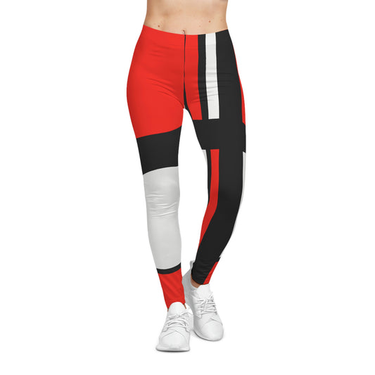 Women’s Casual Leggings featuring red, black, and white geometric 60s design, retro abstract style, stretchy breathable fabric, perfect for yoga, artistic streetwear, or everyday wear.