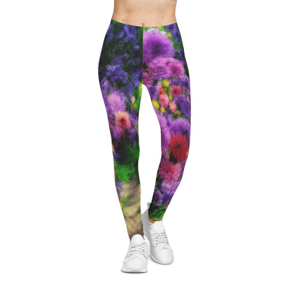 Women’s Casual Leggings featuring colorful garden flowers and nature-inspired pattern, artistic floral design with vibrant purples, reds, and greens, breathable stretchy fabric ideal for yoga or casual wear.