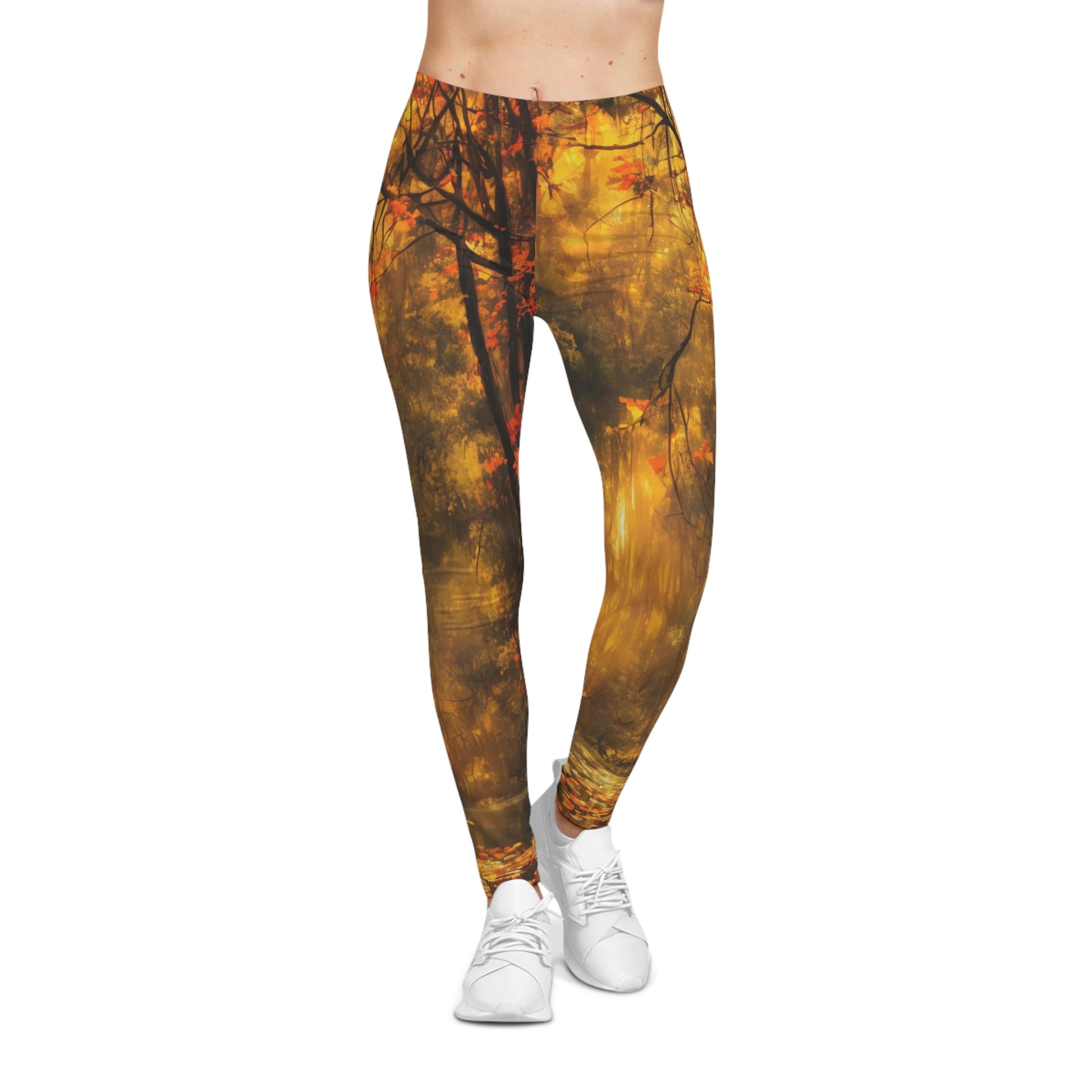Women’s Casual Leggings featuring artistic autumn forest and pond reflection design, warm golden tones, nature-inspired artwork, soft breathable fabric, perfect for yoga or cozy everyday wear.