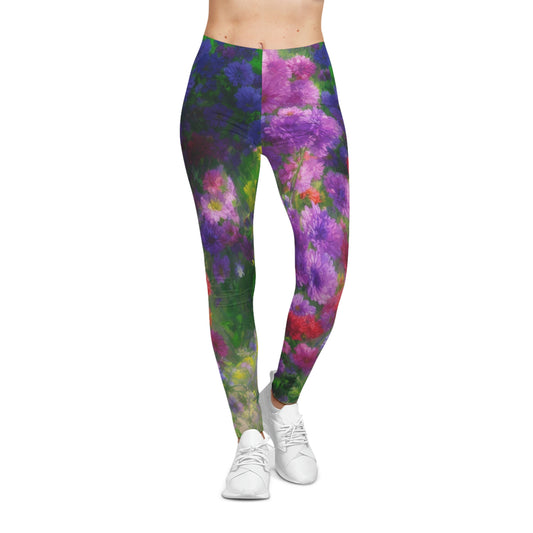 Women’s Casual Leggings featuring vivid floral pattern in purple, pink, and green summer tones, artistic garden-inspired design, breathable and stretchy fabric, perfect for yoga or casual wear.