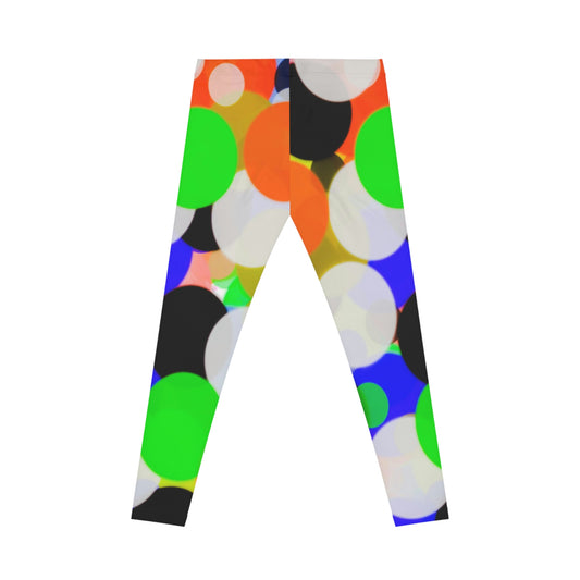 Women’s Casual Leggings featuring vibrant abstract 60s balloon pattern with colorful circles, artistic retro design, stretchy breathable fabric, perfect for yoga, streetwear, or everyday wear.