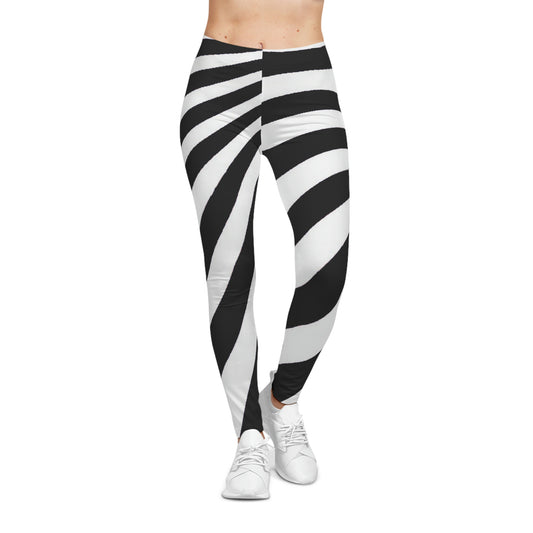 Women’s Casual Leggings with bold retro 60s black and white stripes, artistic abstract design, stretchy breathable fabric, perfect for yoga, streetwear, or daily wear.