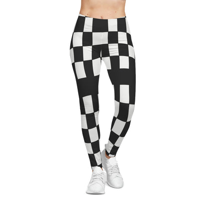 Women’s Casual Leggings featuring 60s inspired black-and-white warped checkered Op Art pattern, artistic geometric design, stretchy breathable fabric, perfect for yoga, streetwear, or everyday wear.