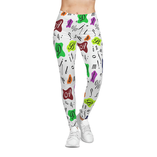 Women’s Casual Leggings featuring colorful letters and symbols in retro 60s abstract typography style, artistic pop-art design, breathable stretchy fabric, perfect for yoga or casual wear.